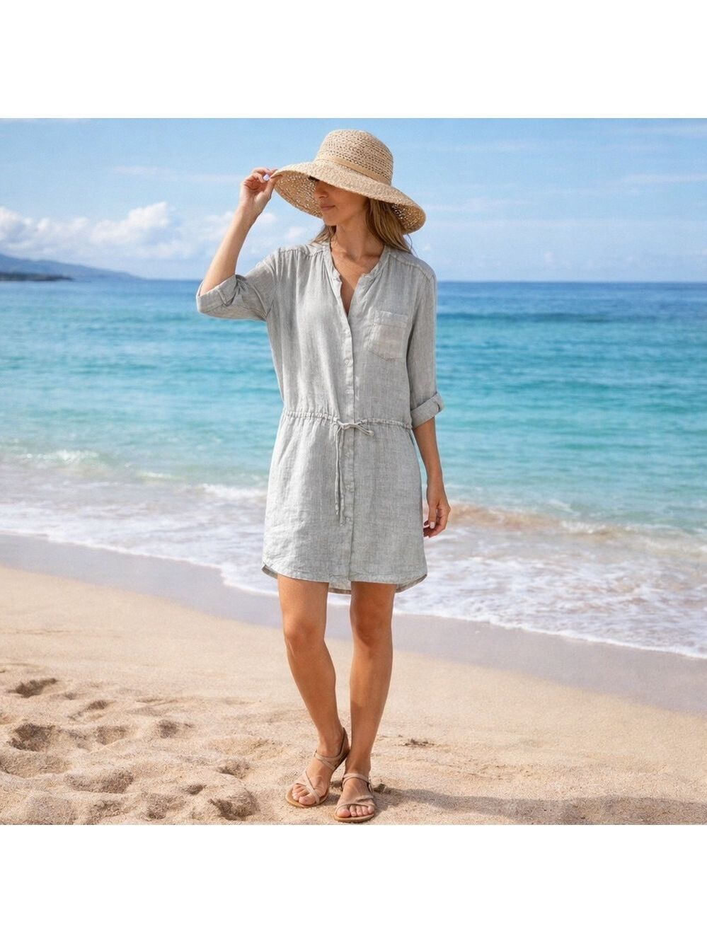 STANDARD JAMES PERSE 100% Linen Khaki Drop Waist Button Front Shirt Dress Sz L